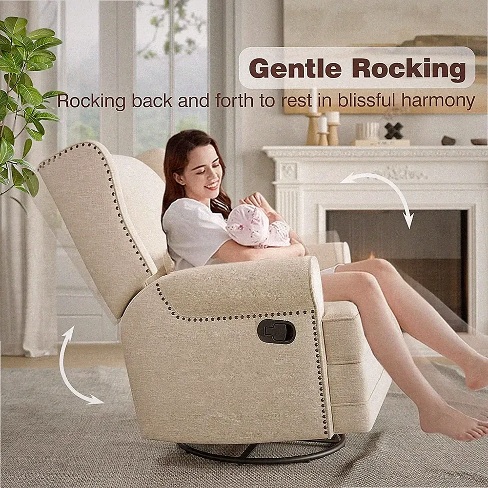 Beige Swivel Nursery Glider Recliner Comfy Upholstered Glider Chair with Lumbar