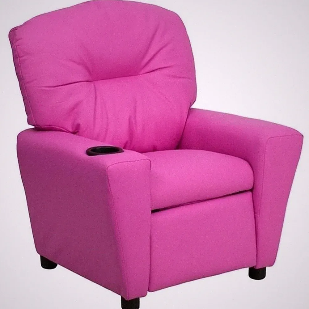 Bowery Hill Contemporary Vinyl Kids Recliner with Cup Holder Armrest in Pink
