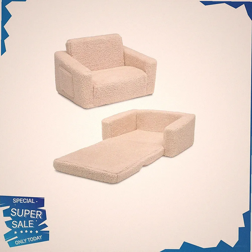 Delta Children Cozee Flip-Out Sherpa Convertible Chair to Lounger for Kids,Cream