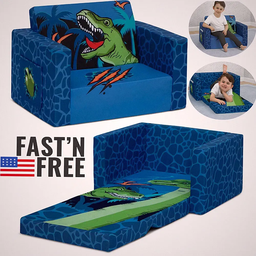 Dinosaur Blue Flip Out Chair To Lounger Couch Sofa For Kids Boys Toddlers 1-3