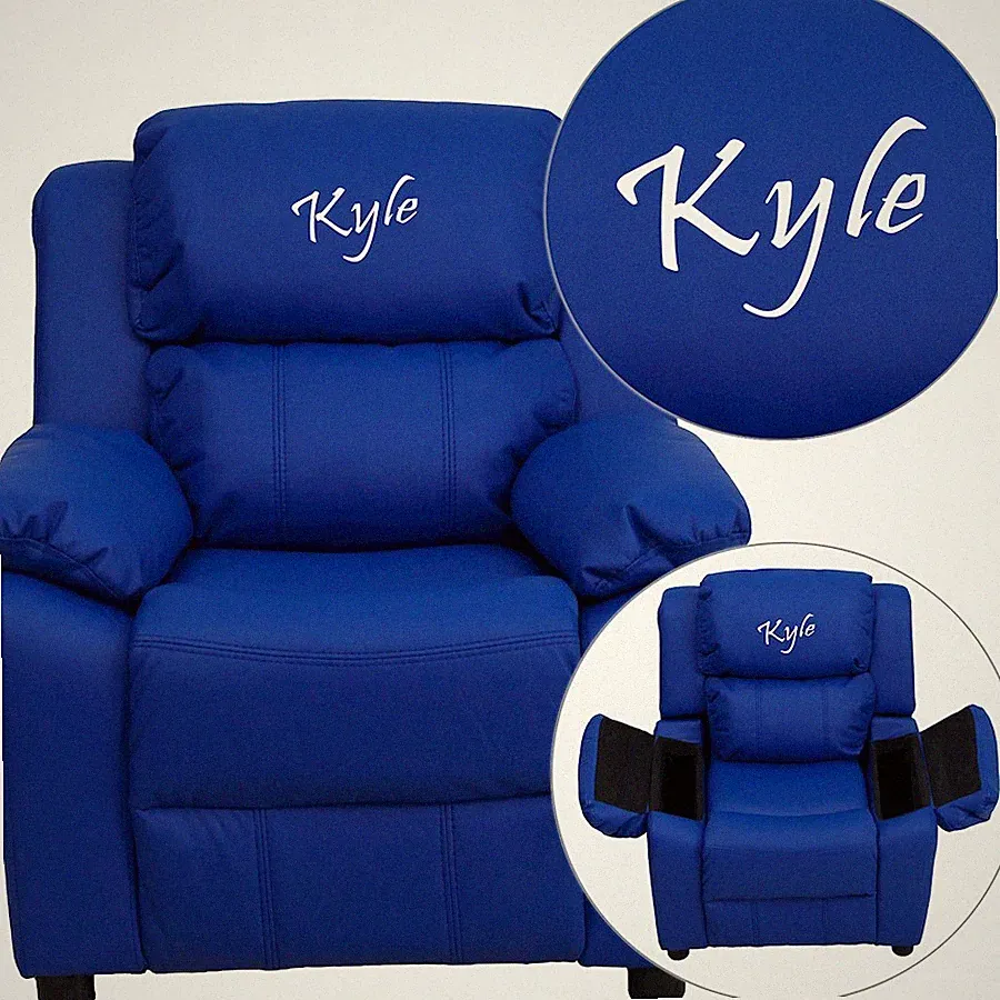Flash Personalized Deluxe Padded Blue Vinyl Kids Recliner/Storage Arms