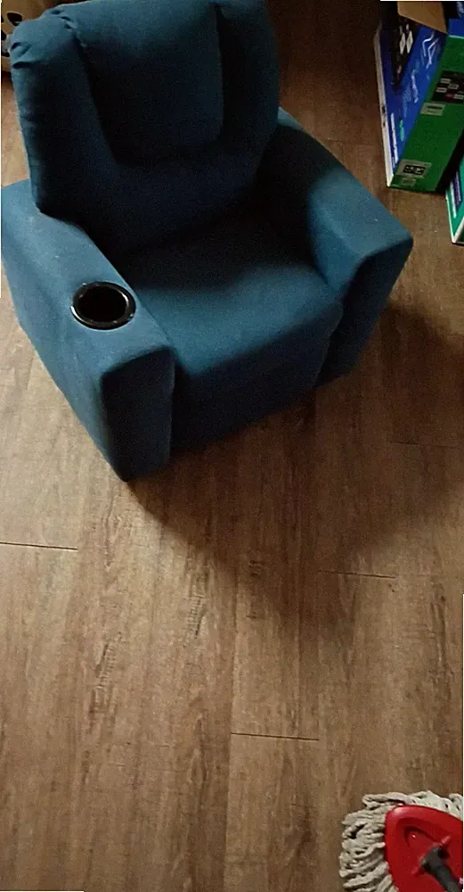 Kids' Dark Blue Fabric Armchair with Cup Holder, recliner 34x34x30 in, Used