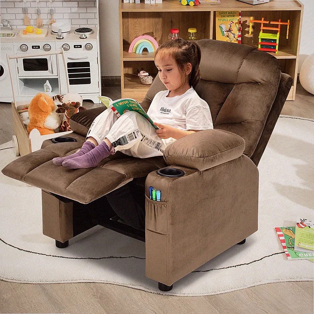 Kids Recliner Chair with Cup Holder and Footrest for Children-Light Brown