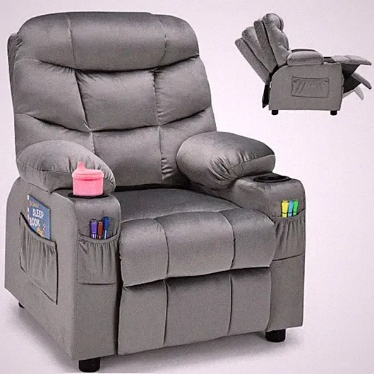 Kids Recliner Chair with Cup Holder and Footrest for Children-Light Gray - Color