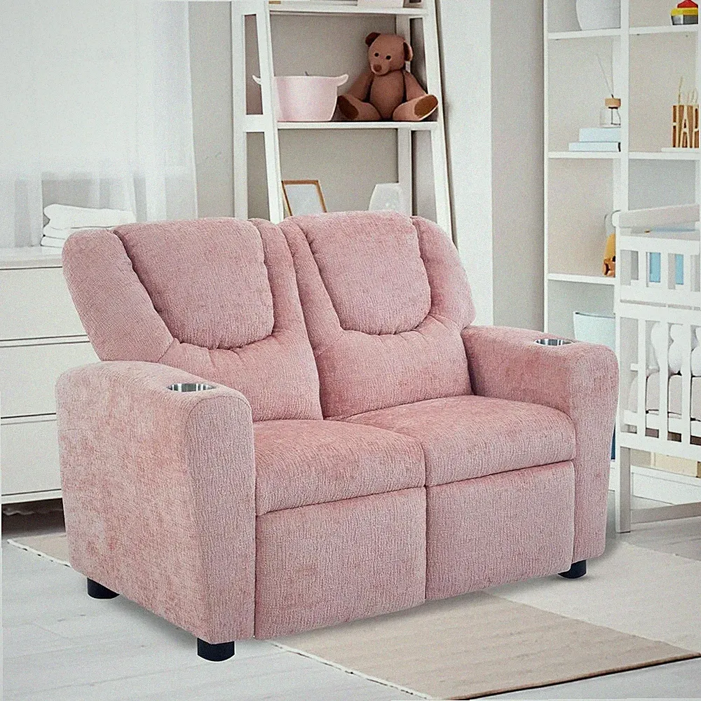 Suri Kids Recliner Loveseat with Cup Holders & Footrests, Pink Chenille - Cozy 2